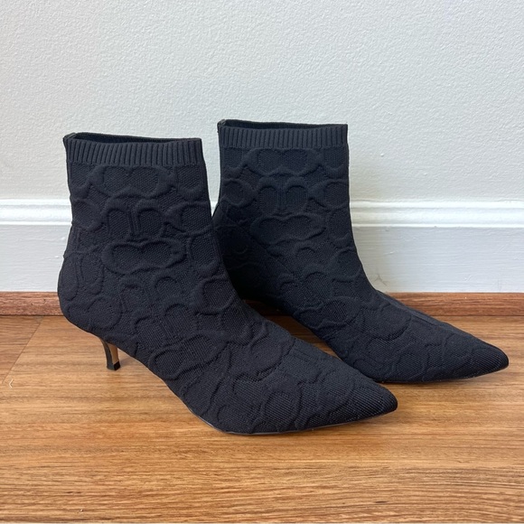 Coach Jade Knit Sock Pull On Pointed Toe Ankle Booties Black Monogram - Picture 2 of 10